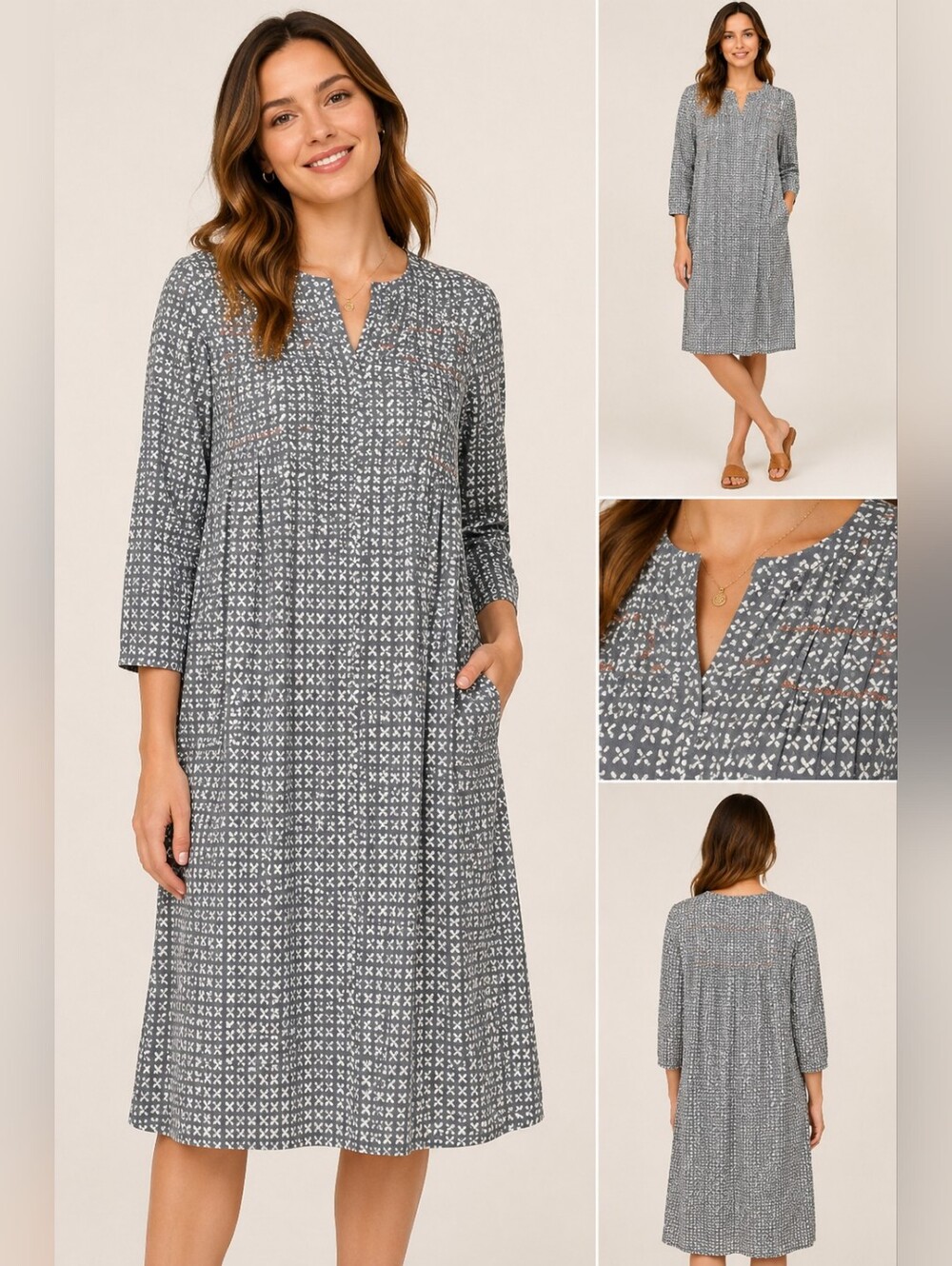 Market Place NWT Gray and White Patterned Midi Dress with embroidery Size Small